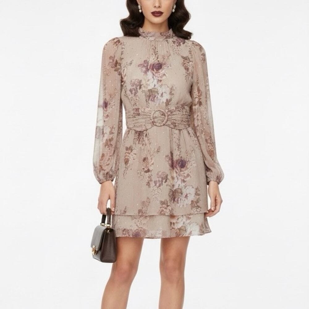 NWT Sage The Label Dress Womens S Beige Floral Ruffle Old Money Blair Waldorf